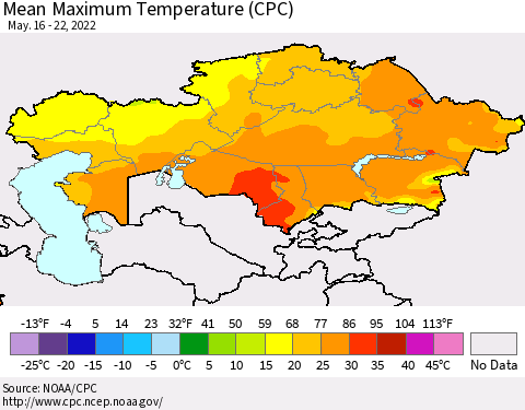 Kazakhstan Mean Maximum Temperature (CPC) Thematic Map For 5/16/2022 - 5/22/2022
