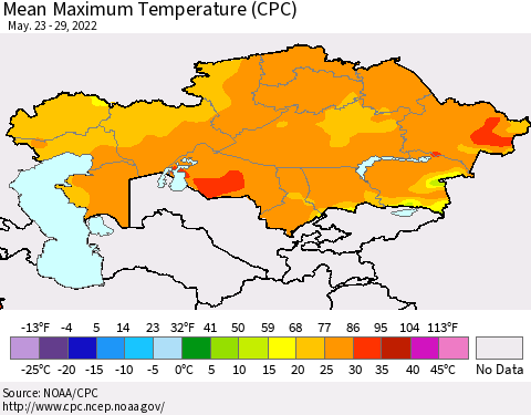 Kazakhstan Mean Maximum Temperature (CPC) Thematic Map For 5/23/2022 - 5/29/2022