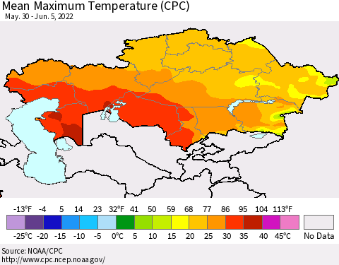 Kazakhstan Mean Maximum Temperature (CPC) Thematic Map For 5/30/2022 - 6/5/2022