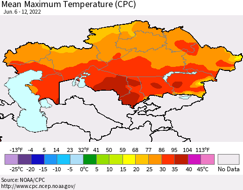 Kazakhstan Mean Maximum Temperature (CPC) Thematic Map For 6/6/2022 - 6/12/2022