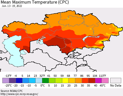 Kazakhstan Mean Maximum Temperature (CPC) Thematic Map For 6/13/2022 - 6/19/2022