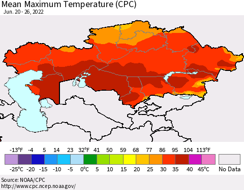 Kazakhstan Mean Maximum Temperature (CPC) Thematic Map For 6/20/2022 - 6/26/2022