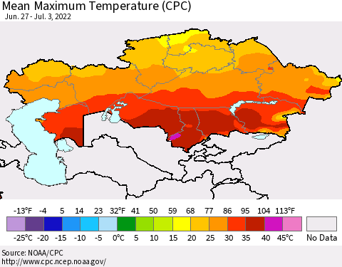 Kazakhstan Mean Maximum Temperature (CPC) Thematic Map For 6/27/2022 - 7/3/2022