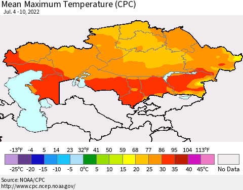 Kazakhstan Mean Maximum Temperature (CPC) Thematic Map For 7/4/2022 - 7/10/2022