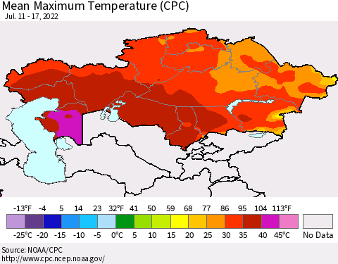 Kazakhstan Mean Maximum Temperature (CPC) Thematic Map For 7/11/2022 - 7/17/2022