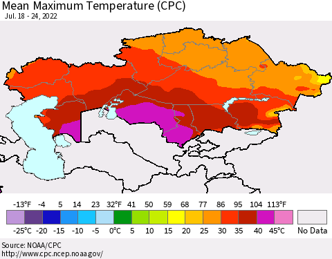 Kazakhstan Mean Maximum Temperature (CPC) Thematic Map For 7/18/2022 - 7/24/2022