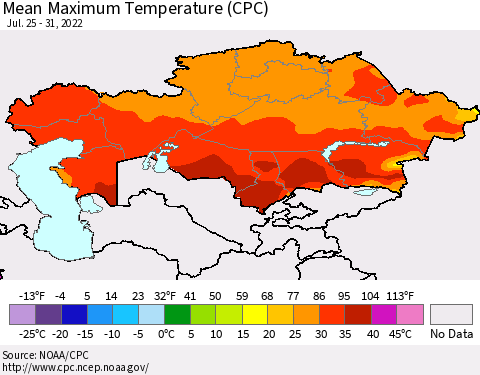 Kazakhstan Mean Maximum Temperature (CPC) Thematic Map For 7/25/2022 - 7/31/2022