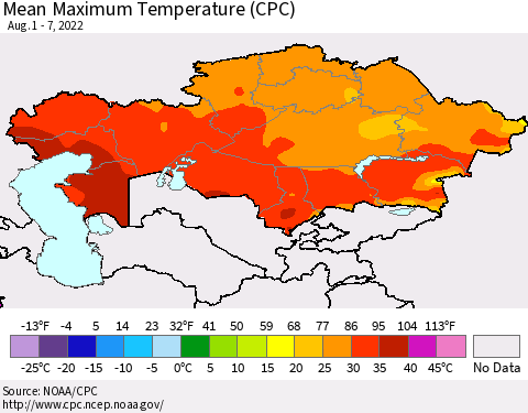Kazakhstan Mean Maximum Temperature (CPC) Thematic Map For 8/1/2022 - 8/7/2022