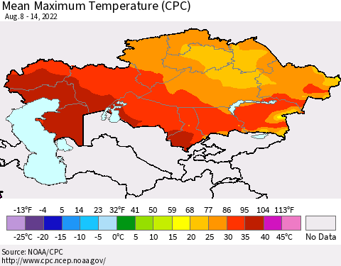 Kazakhstan Mean Maximum Temperature (CPC) Thematic Map For 8/8/2022 - 8/14/2022