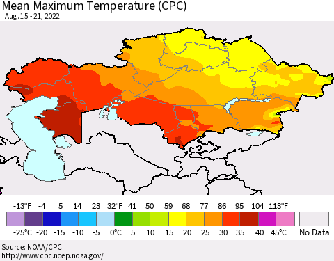 Kazakhstan Mean Maximum Temperature (CPC) Thematic Map For 8/15/2022 - 8/21/2022