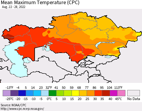 Kazakhstan Mean Maximum Temperature (CPC) Thematic Map For 8/22/2022 - 8/28/2022