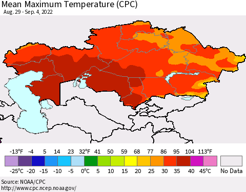 Kazakhstan Mean Maximum Temperature (CPC) Thematic Map For 8/29/2022 - 9/4/2022
