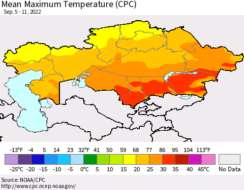 Kazakhstan Mean Maximum Temperature (CPC) Thematic Map For 9/5/2022 - 9/11/2022