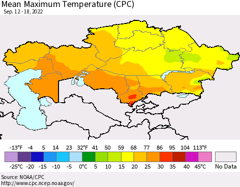 Kazakhstan Mean Maximum Temperature (CPC) Thematic Map For 9/12/2022 - 9/18/2022