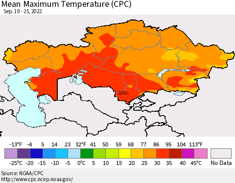 Kazakhstan Mean Maximum Temperature (CPC) Thematic Map For 9/19/2022 - 9/25/2022