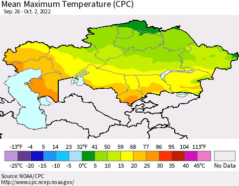 Kazakhstan Mean Maximum Temperature (CPC) Thematic Map For 9/26/2022 - 10/2/2022