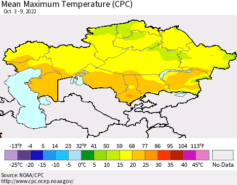 Kazakhstan Mean Maximum Temperature (CPC) Thematic Map For 10/3/2022 - 10/9/2022