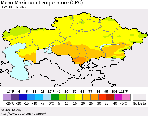 Kazakhstan Mean Maximum Temperature (CPC) Thematic Map For 10/10/2022 - 10/16/2022