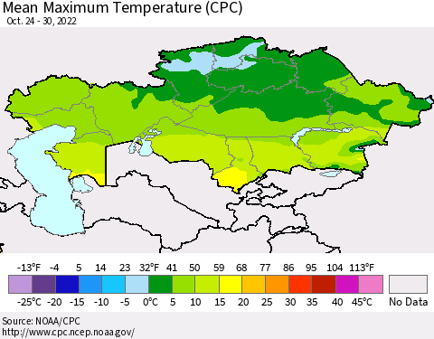 Kazakhstan Mean Maximum Temperature (CPC) Thematic Map For 10/24/2022 - 10/30/2022