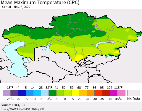 Kazakhstan Mean Maximum Temperature (CPC) Thematic Map For 10/31/2022 - 11/6/2022