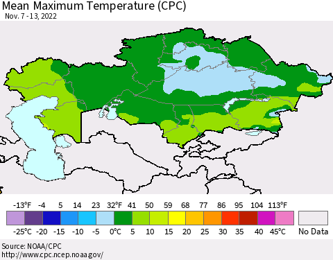 Kazakhstan Mean Maximum Temperature (CPC) Thematic Map For 11/7/2022 - 11/13/2022