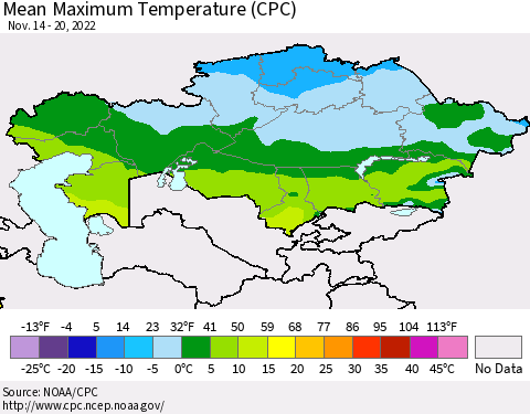 Kazakhstan Mean Maximum Temperature (CPC) Thematic Map For 11/14/2022 - 11/20/2022