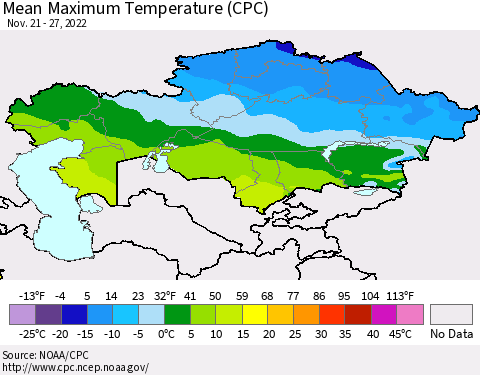 Kazakhstan Mean Maximum Temperature (CPC) Thematic Map For 11/21/2022 - 11/27/2022