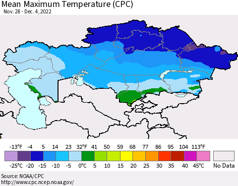Kazakhstan Mean Maximum Temperature (CPC) Thematic Map For 11/28/2022 - 12/4/2022