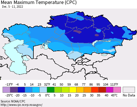 Kazakhstan Mean Maximum Temperature (CPC) Thematic Map For 12/5/2022 - 12/11/2022