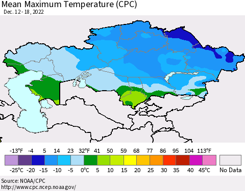 Kazakhstan Mean Maximum Temperature (CPC) Thematic Map For 12/12/2022 - 12/18/2022