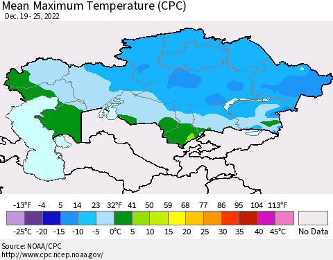 Kazakhstan Mean Maximum Temperature (CPC) Thematic Map For 12/19/2022 - 12/25/2022