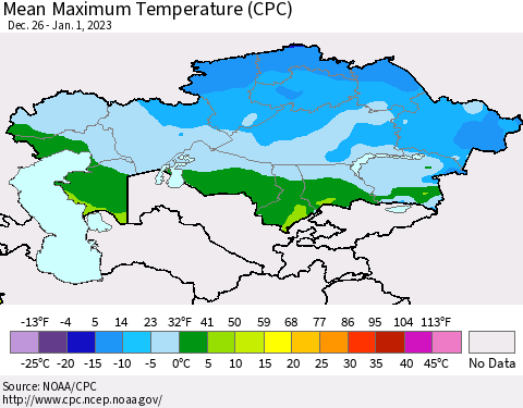 Kazakhstan Mean Maximum Temperature (CPC) Thematic Map For 12/26/2022 - 1/1/2023