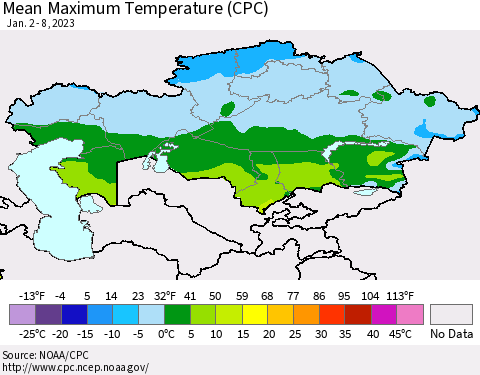 Kazakhstan Mean Maximum Temperature (CPC) Thematic Map For 1/2/2023 - 1/8/2023