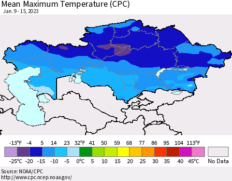 Kazakhstan Mean Maximum Temperature (CPC) Thematic Map For 1/9/2023 - 1/15/2023
