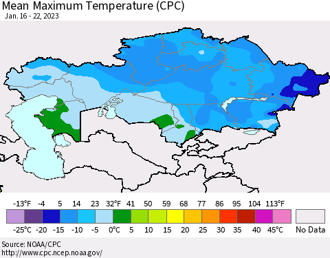 Kazakhstan Mean Maximum Temperature (CPC) Thematic Map For 1/16/2023 - 1/22/2023