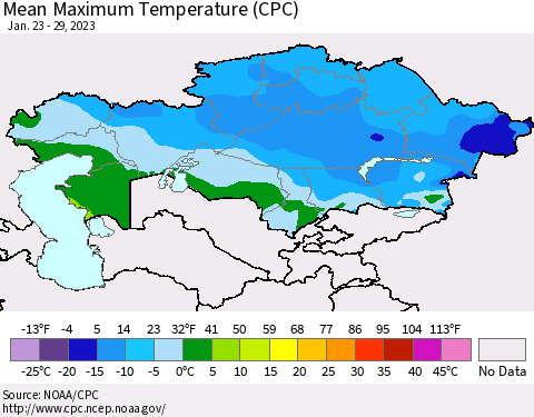 Kazakhstan Mean Maximum Temperature (CPC) Thematic Map For 1/23/2023 - 1/29/2023