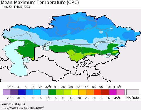 Kazakhstan Mean Maximum Temperature (CPC) Thematic Map For 1/30/2023 - 2/5/2023