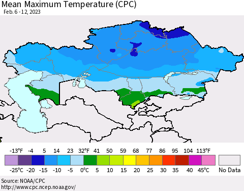 Kazakhstan Mean Maximum Temperature (CPC) Thematic Map For 2/6/2023 - 2/12/2023
