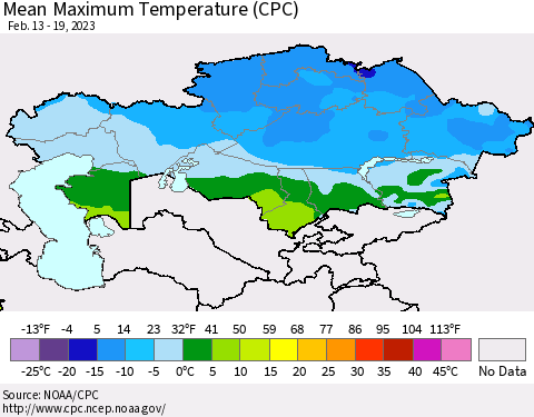 Kazakhstan Mean Maximum Temperature (CPC) Thematic Map For 2/13/2023 - 2/19/2023