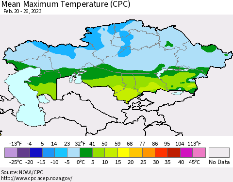 Kazakhstan Mean Maximum Temperature (CPC) Thematic Map For 2/20/2023 - 2/26/2023