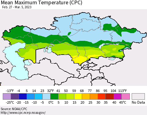 Kazakhstan Mean Maximum Temperature (CPC) Thematic Map For 2/27/2023 - 3/5/2023