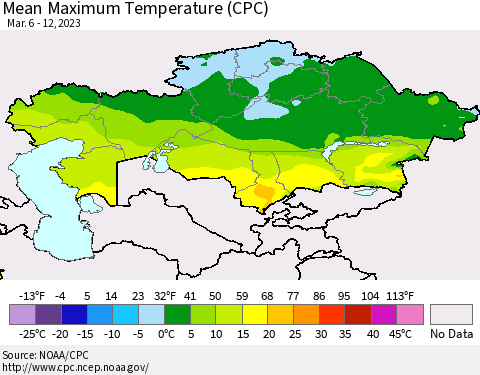 Kazakhstan Mean Maximum Temperature (CPC) Thematic Map For 3/6/2023 - 3/12/2023