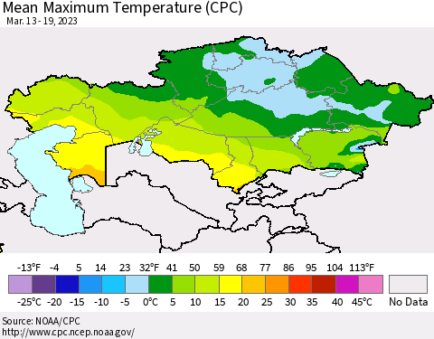 Kazakhstan Mean Maximum Temperature (CPC) Thematic Map For 3/13/2023 - 3/19/2023