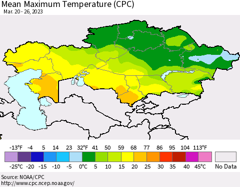 Kazakhstan Mean Maximum Temperature (CPC) Thematic Map For 3/20/2023 - 3/26/2023