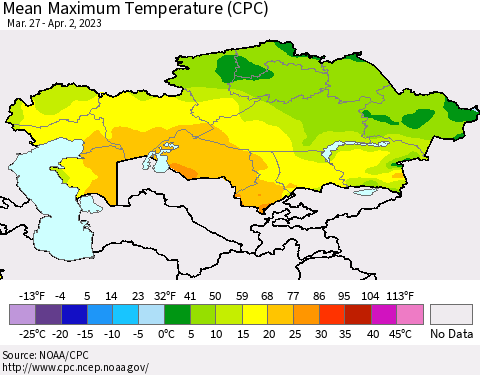 Kazakhstan Mean Maximum Temperature (CPC) Thematic Map For 3/27/2023 - 4/2/2023