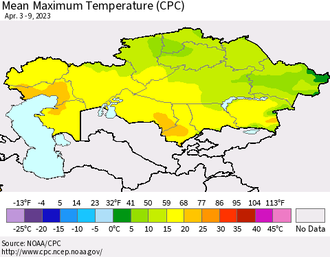 Kazakhstan Mean Maximum Temperature (CPC) Thematic Map For 4/3/2023 - 4/9/2023