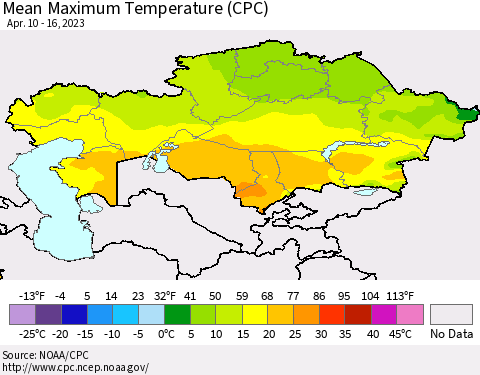 Kazakhstan Mean Maximum Temperature (CPC) Thematic Map For 4/10/2023 - 4/16/2023