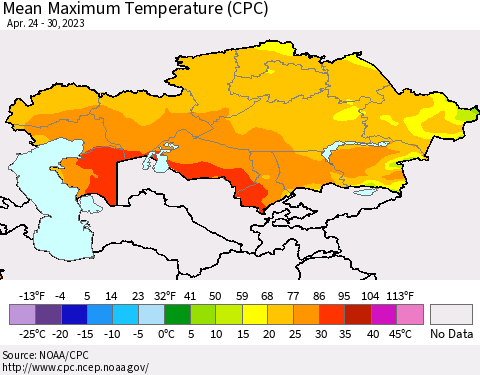 Kazakhstan Mean Maximum Temperature (CPC) Thematic Map For 4/24/2023 - 4/30/2023
