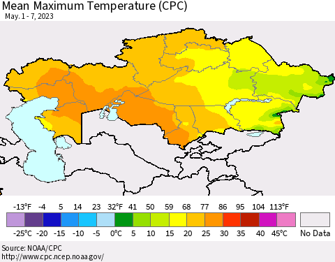 Kazakhstan Mean Maximum Temperature (CPC) Thematic Map For 5/1/2023 - 5/7/2023