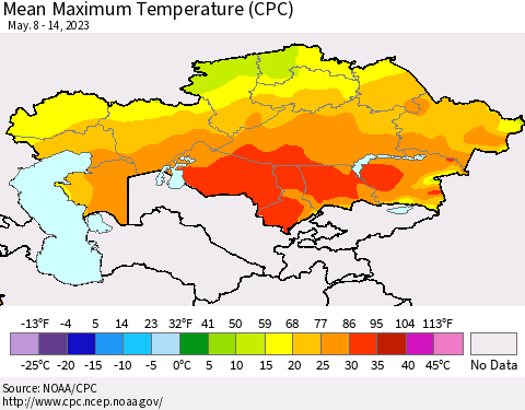 Kazakhstan Mean Maximum Temperature (CPC) Thematic Map For 5/8/2023 - 5/14/2023